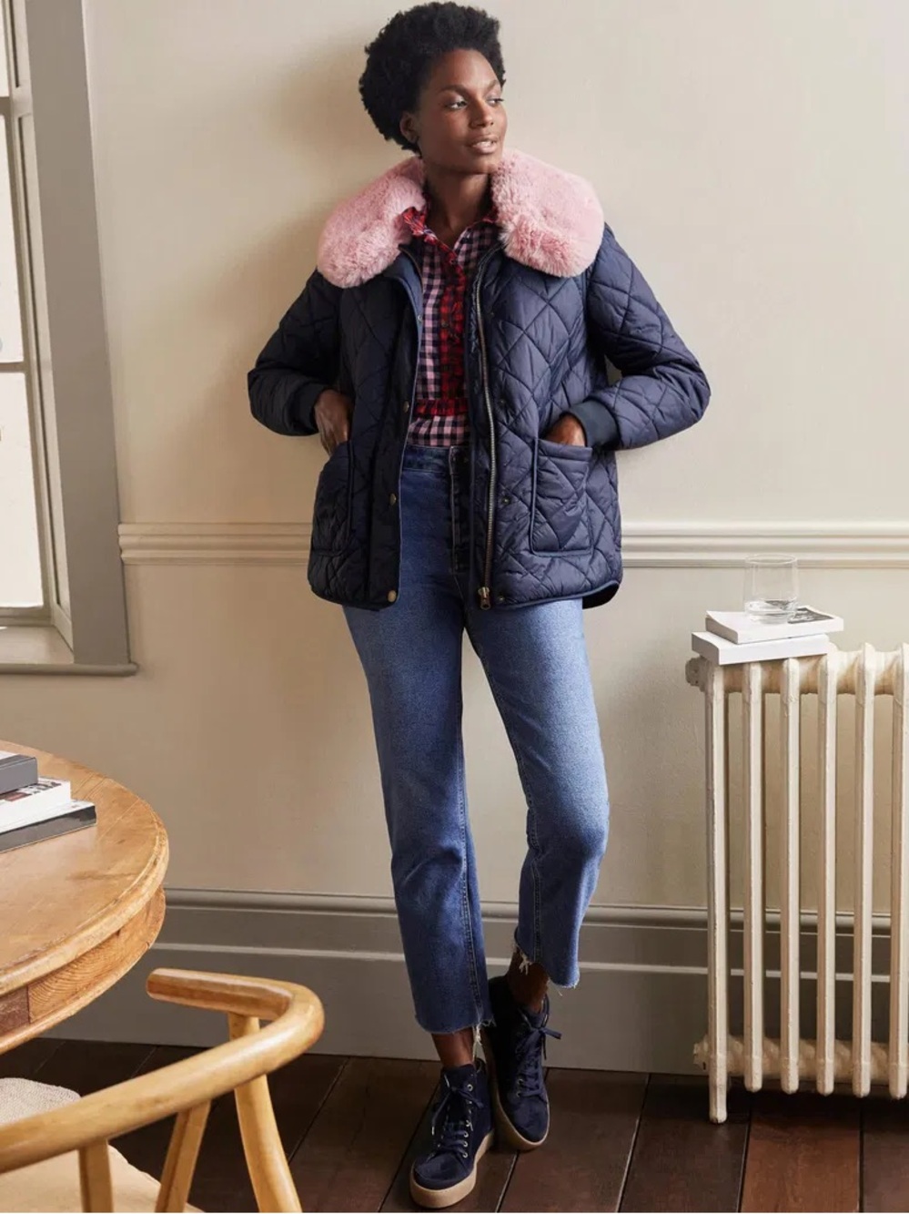 Boden Hollie Quilted Jacket with Removable Faux Fur Collar Navy Blue Size US 14